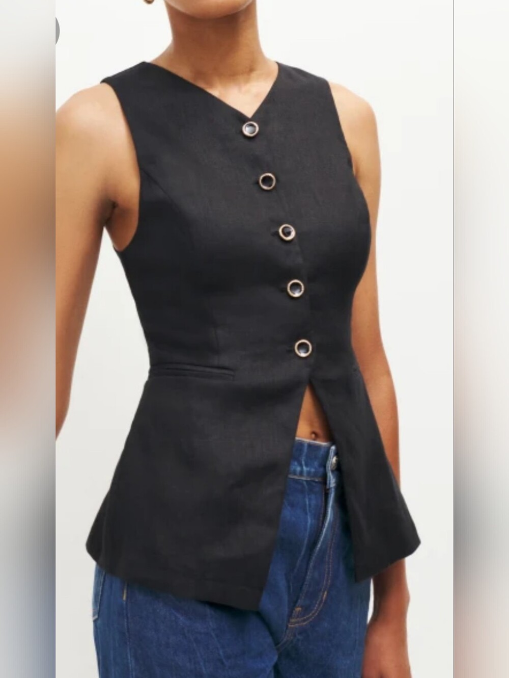 Reformation Aspen Linen Button Black Tank Top